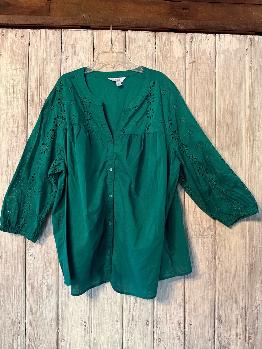 Croft & Barlow Eyelet-Detail Emerald Button-Down Blouse